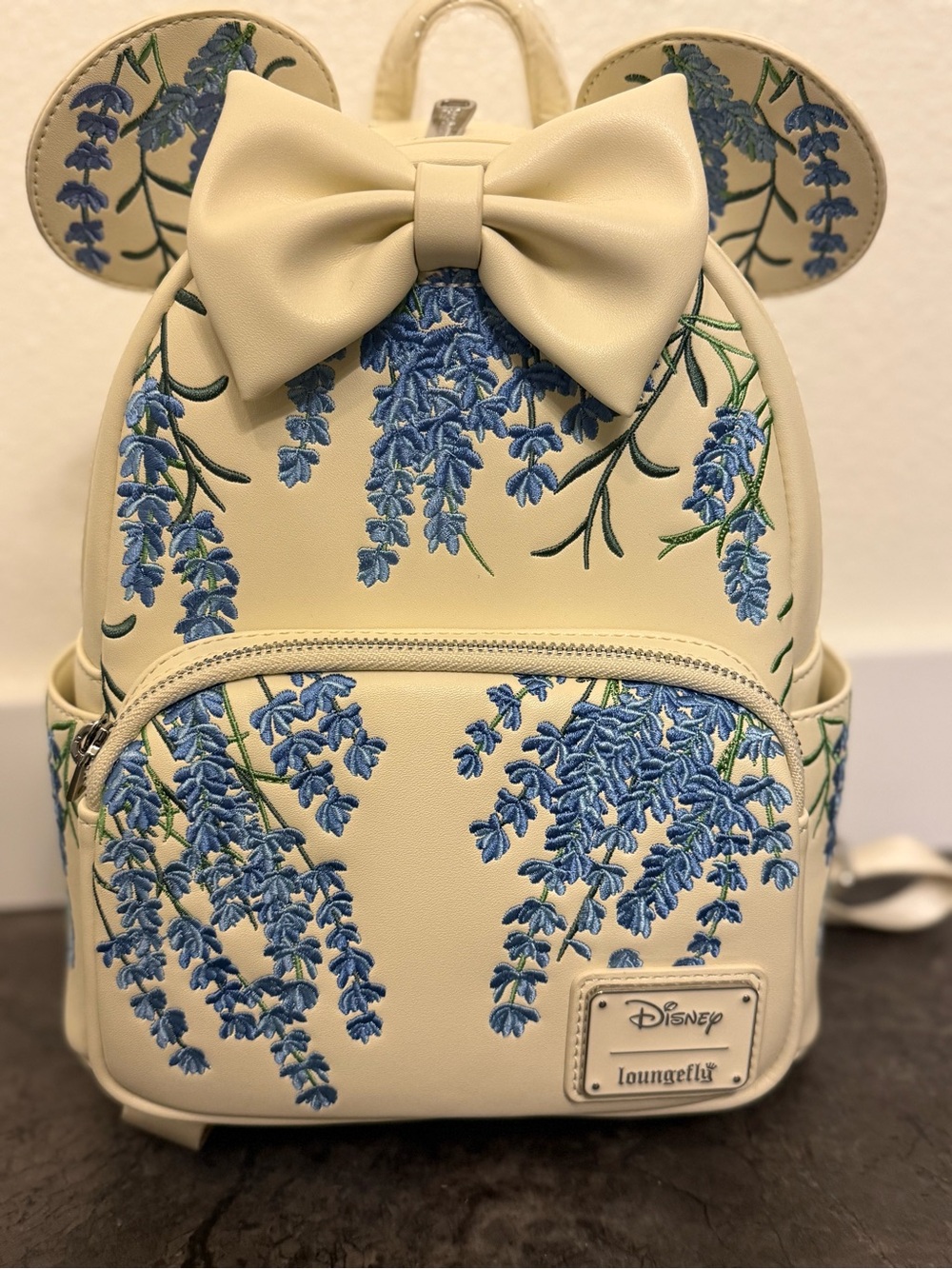 Loungefly Cream Mini Backpack with Blue Floral Embroidery and Bow